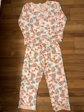 Garnet Hill Cream Floral Tee with Coral and Teal Accents